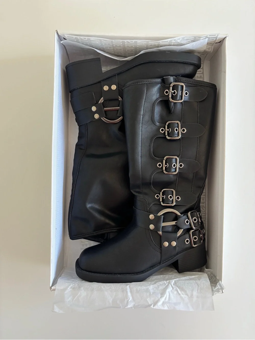 Brand New Black leather buckle boots